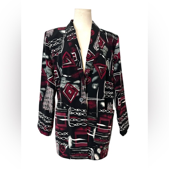 Jackets & Blazers - Vintage Emily Adams Women's Black and Red‎ Patterned Blazer size small (D36)